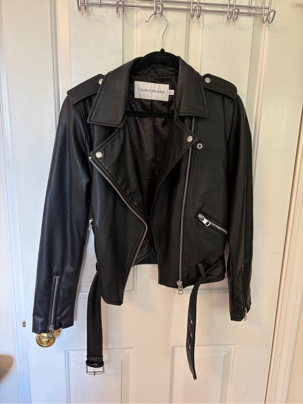 Calvin Klein Jeans Black Faux Leather Moto Biker Jacket